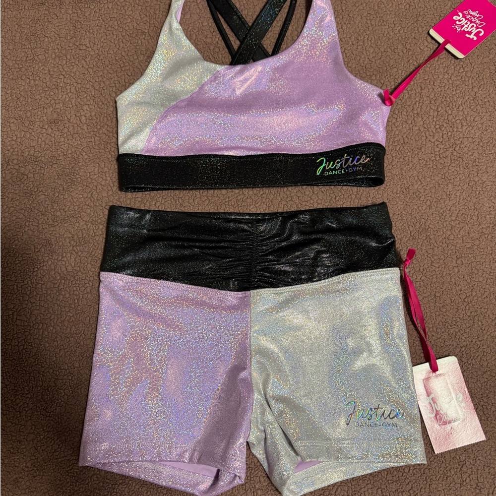 Justice Girls Shimmer Dance Set in Lavender and Silver with Black Trim